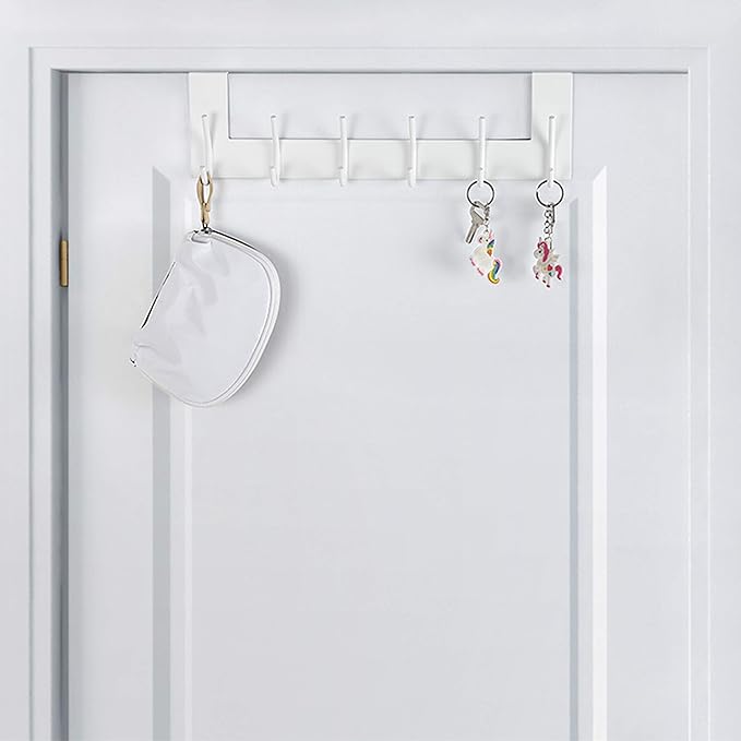 SKOLOO Over The Door Hook - 6 Hooks, No Assembly Required, Stainless Steel Door Hooks, Over Door Coat Rack for Hanging Coats Clothes Hats Robes, White