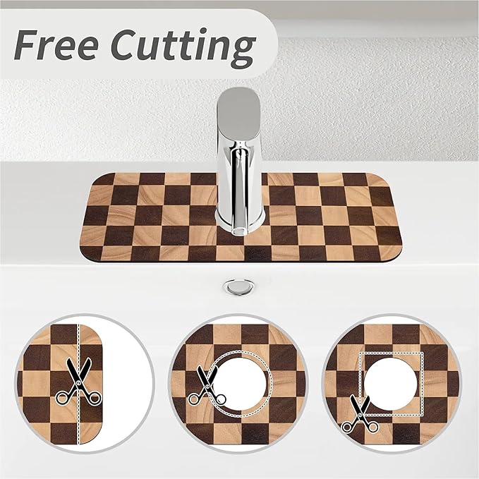 Kitchen Sink Splash Guard，Wooden checkerboard Faucet Mat Sink Gadgets-Super Absorbent Fast Drying Mat Drip Catcher for Kitchen, Bathroom,Sink Mat, Dish Drying Mat, Bathroom(15" X 5.5" )