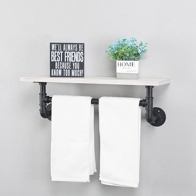 MBQQ Black & White Shelving Bathroom Pipe Shelves with Towel Bar Over Toilet, 24 inch Pine Wood Floating Shelves for Wall Mounted Bedroom,Kitchen, Farmhouse, Living Room