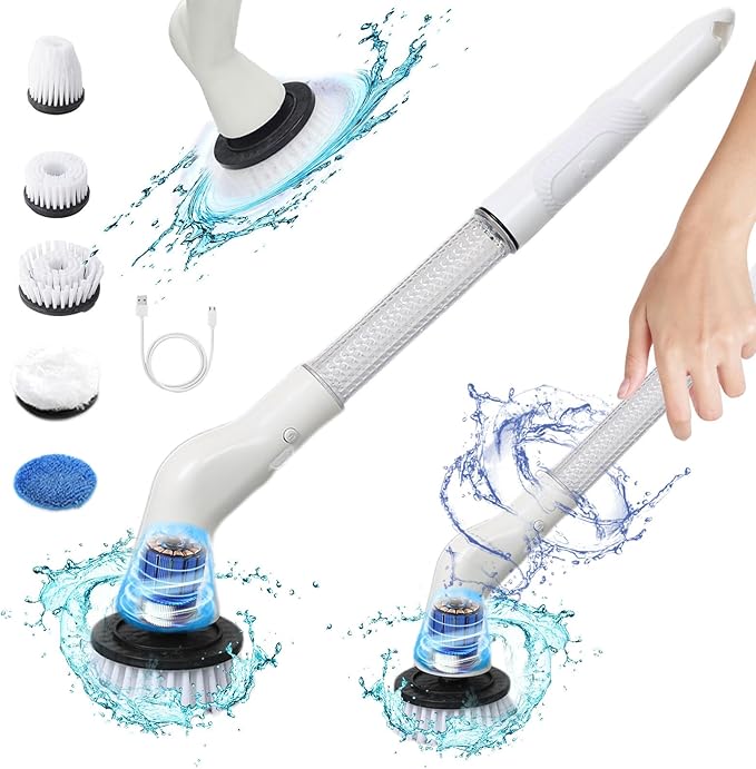 Generic Electric 𝑠𝑝𝑖𝑛 Cleaning Brush, Rechargeable Cleaning Brushes with 5 Replaceable Brush Heads, Adjustable Handle Electric Cleaning Brush, for Bathroom Bathtub and Tile Floors, White