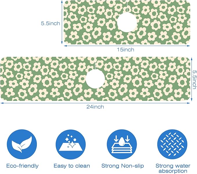 Vintage Groovy Flowers Sink Faucet Absorbing Mat Splash Guard Behind Faucet Sink Mat Absorbent Fast Drying Faucet Draining Mat for Bathroom Kitchen 5.5"×24"