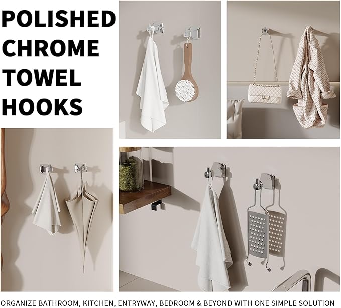 Towel Hooks for Bathrooms, 2 Pack Poilshed Chrome Stainless Steel and Zinc Alloy Hand Towel Holder Wall Mount, Heavy Duty Hanging Hooks for Kitchen, Closet, Pool, Coats, Shower, Robe