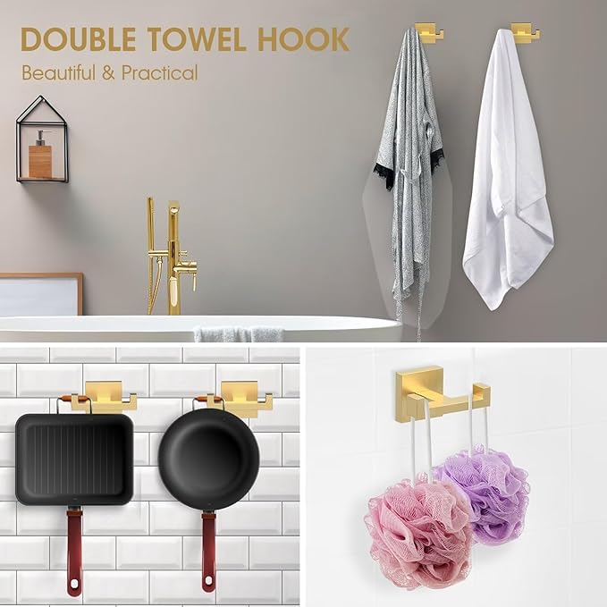 BOZWELL Double Towel Hooks for Bathroom Light Brushed Gold Wall Mount，Simple Modern Square Style Coat Robe Hook，Stainless Steel Heavy Duty Door Hanger for Bathroom Bedroom Kitchen Hotel Pool 1502-G-1
