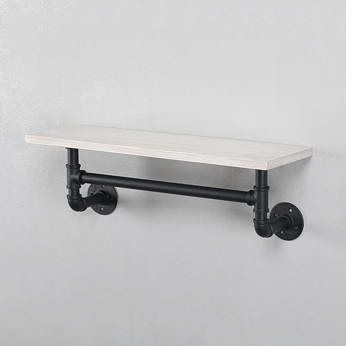 MBQQ Black & White Shelving Bathroom Pipe Shelves with Towel Bar Over Toilet, 24 inch Pine Wood Floating Shelves for Wall Mounted Bedroom,Kitchen, Farmhouse, Living Room