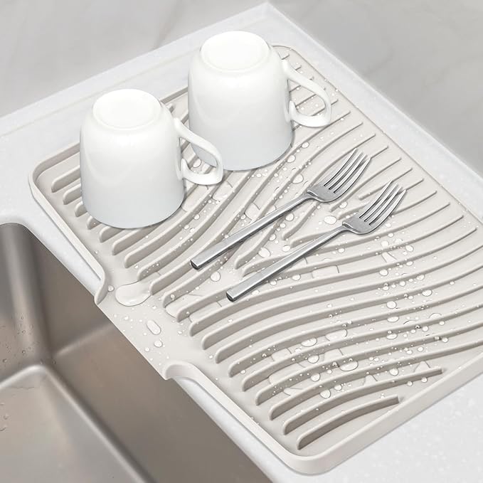 Silicone Dish Drying Mat, Stone Drying Mat for Kitchen Counter with Built-In Drain, Non-Slip Drain Pad with Built-in Drain, Heat Resistant Stone Drying Mat, 1Pcs 20" x 15", Cream