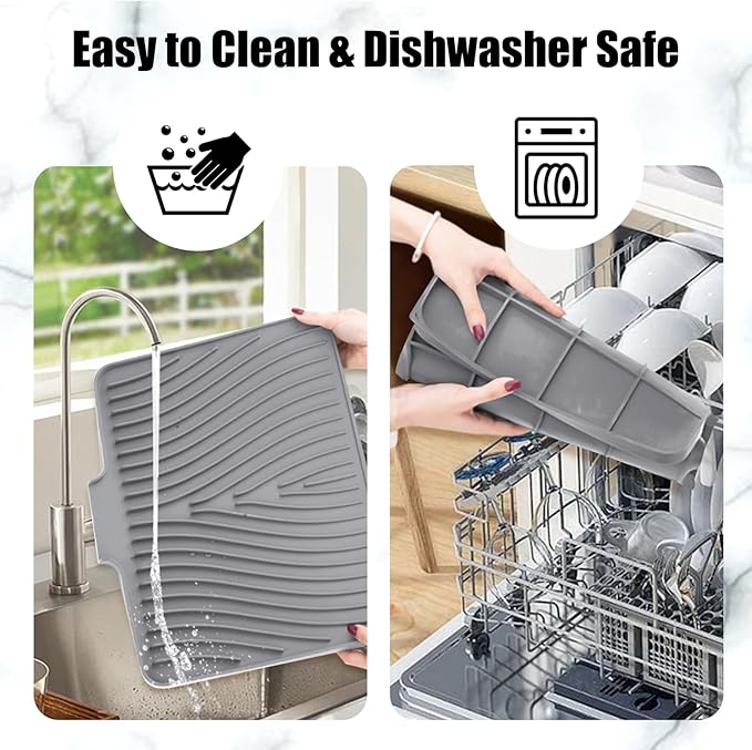 Silicone Dish Drying Mat for Kitchen Counter, Dish Drying Pad, Non-Slip Drain Pad with Built-in Drain, Heat Resistant Stone Drying Mat(16" x 12", Grey)