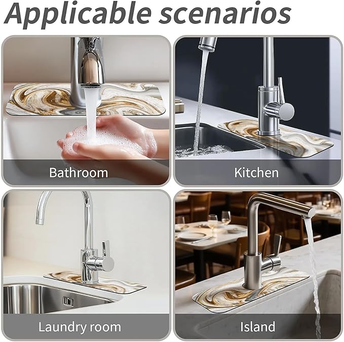 Kitchen Sink Splash Guard，White-grey gold marble Faucet Mat Sink Gadgets-Super Absorbent Fast Drying Mat Drip Catcher for Kitchen, Bathroom,Sink Mat, Dish Drying Mat, Bathroom(15" X 5.5" )