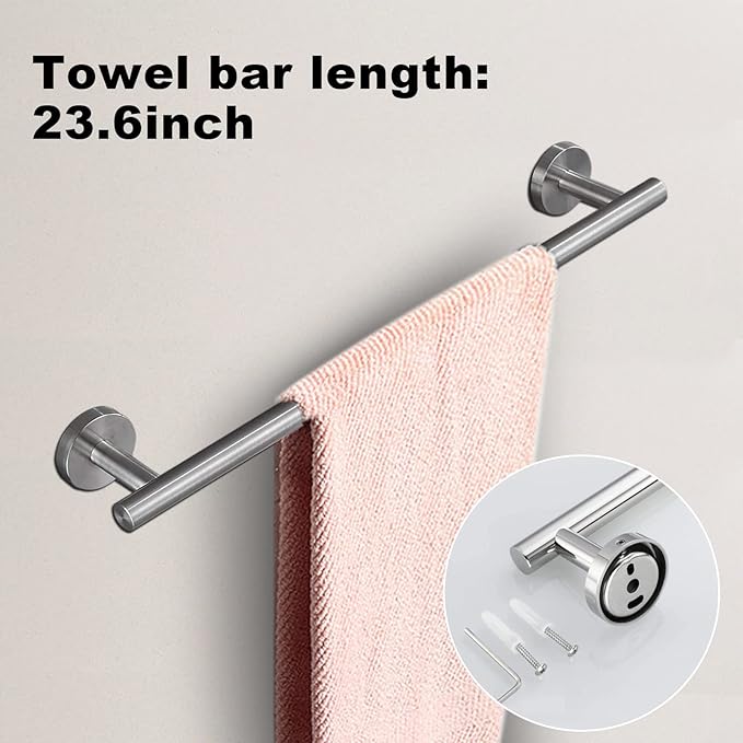 10Pcs Bath Tower Set, Includes 23.6 inch & 16 inch Towel Bars, Hooks, Rings & Toilet Paper Holder - Brushed Nickel