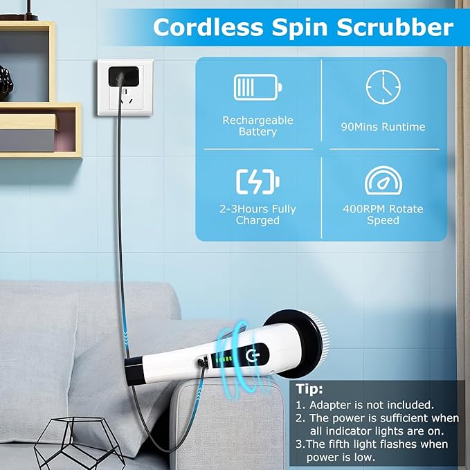 KOCASO Electric Spin Scrubber with 8 Replaceable Brush Heads Cordless Telescopic Electric Cleaning Brush Powerful 2 Speed Adjustable Extension for Bathroom,Kitchen, Floor,Tile, Car, White