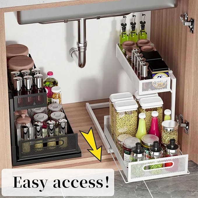 2 Pack Under Kitchen Sink Organizer L-Shaped 2 Tier Pull Out Cabinet Organizer Expandable Bathroom Under Sink Storage with Sliding Drawers Sturdy Metal Pantry Shelves Spice Rack, White