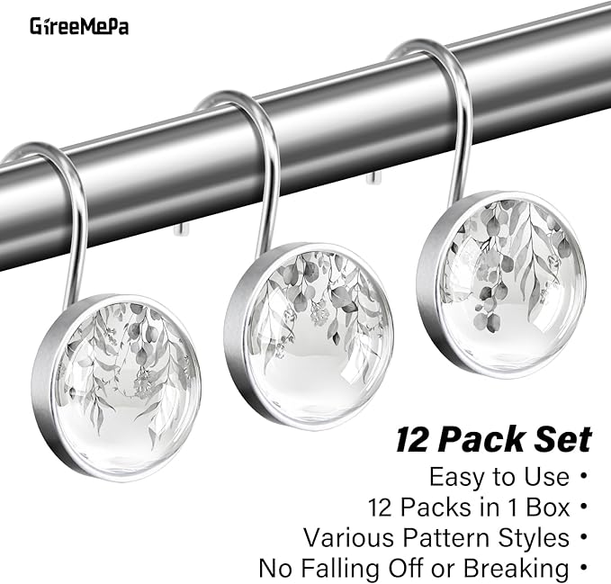 12 Pcs Black Eucalyptus Shower Curtain Hooks - Decorative Shower Curtain Hooks Rings Set - Stainless Steel Round Resin Shower Rings Hangers for Summer Bathroom Home Bath Room Rods Decor