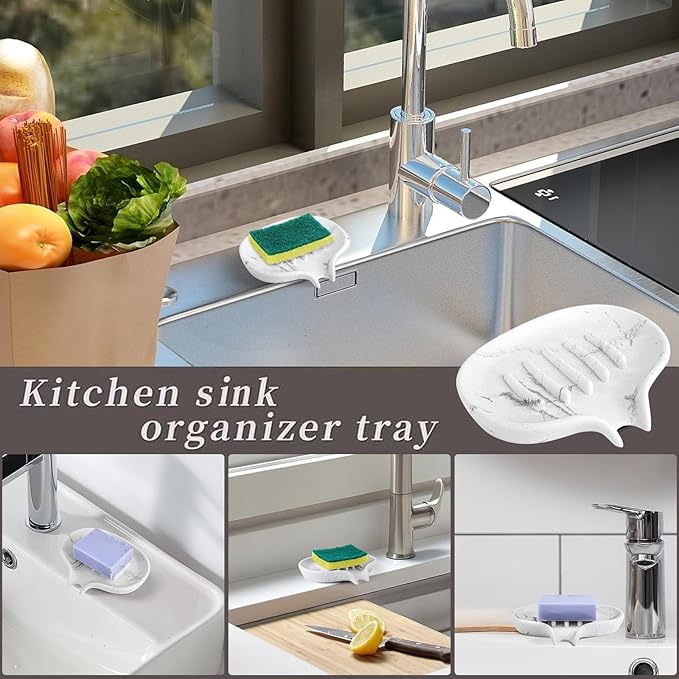 Soap Dish with Drain- Self Draining Bar Soap Holder for Shower, Marble Look Soap Savers Soap Tray Sponge Holder for Kitchen, Bathroom, Bathtub Sink, White