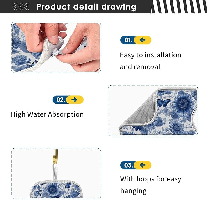 2 PCS Kitchen Sink Splash Guard 30 Inch Faucet Mat for Kitchen Sink Bathroom Sink Faucet Absorbing Drip Drain Mat Pad Microfiber Soft Washable Vintage Beige and Blue Sunflowers Butterflies