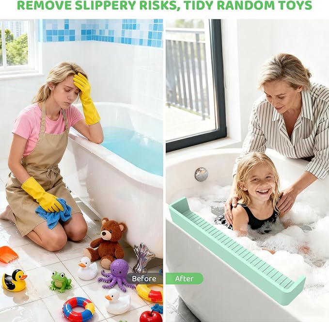 Bathtub Splash Guard for Tub Kids, Longer Silicone Water Splash Guard for Bathtub, Toy Holder Play Shelf for Bathtime，Silicone Tub Splash Guard Prevent Water Spills in Bathroom (Green)