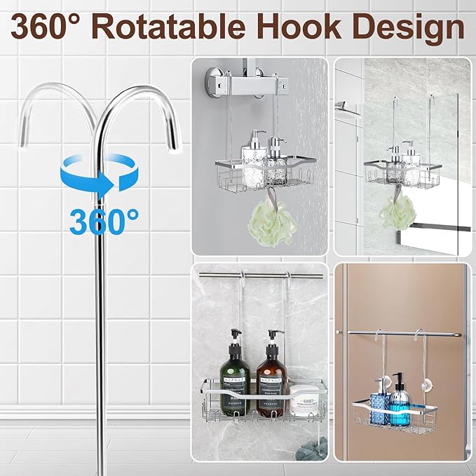 Hanging Shower Organizer, No Drilling Showers Caddy Hanging Stainless Steel Shower Rack with Hooks Showers Caddy Rustproof Over the Door for Bathroom Towels Sponge