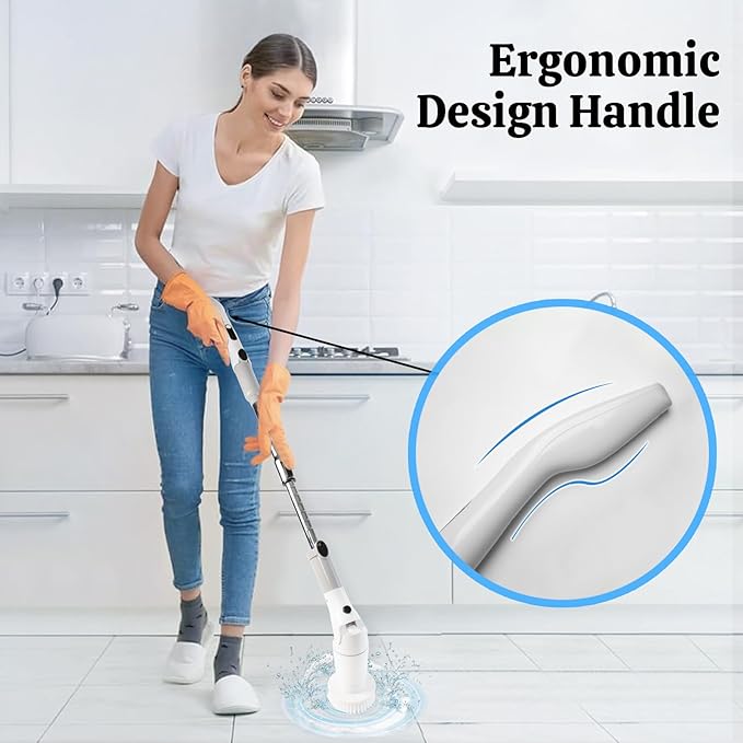 Electric Spin Scrubber with LCD Display,Shower Scrubber with Long Handle,Cordless Power Cleaning Brush with 8 Brush Heads, Electric Scrubber for Bathroom Kitchen Cleaning,IPX7 Waterproof