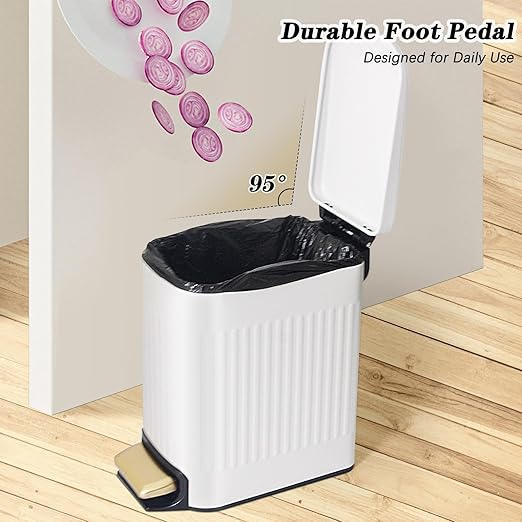 Soddeph Small Narrow Bathroom Trash Can with Lid Bathroom,1.6 Gallon Stainless Steel Wastebasket with Lid Soft Close,Slim Trash Can with Removable Inner Bucket for Toilet, Bedroom,Office (White)