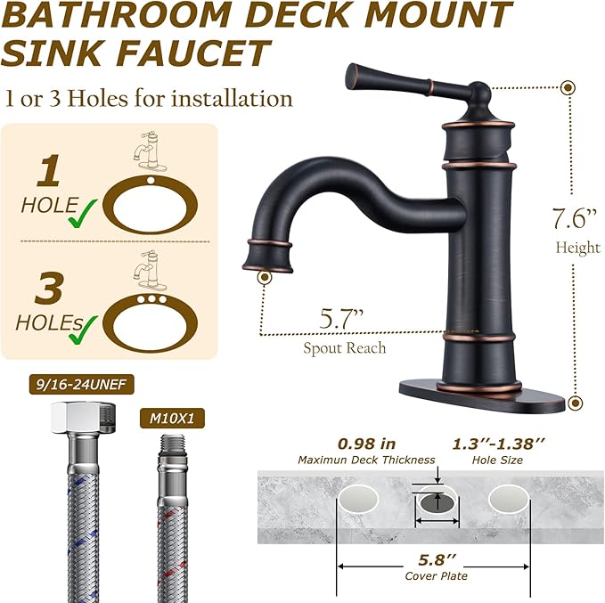 Roman Bathroom Sink Faucet ORB Single Hole Deck-Mount Pop-up Drain Assembly with Overflow Deck Plate and Water Supply Lines Included