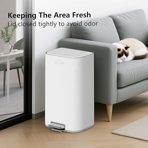 mVm 10.6 Gal Kitchen Trash Can, Step Trash Can with Lid, Smooth Edge Garbage Bin for Home Office (White)