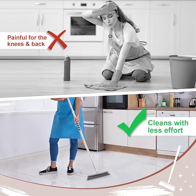 Grout Brush with Long Handle, 2 in 1 Floor Scrub Brush with Squeegee, Shower Scrubber Cleaner Swivel Stiff Bristle for Cleaning Baseboards Tile Floors Bathroom Wall
