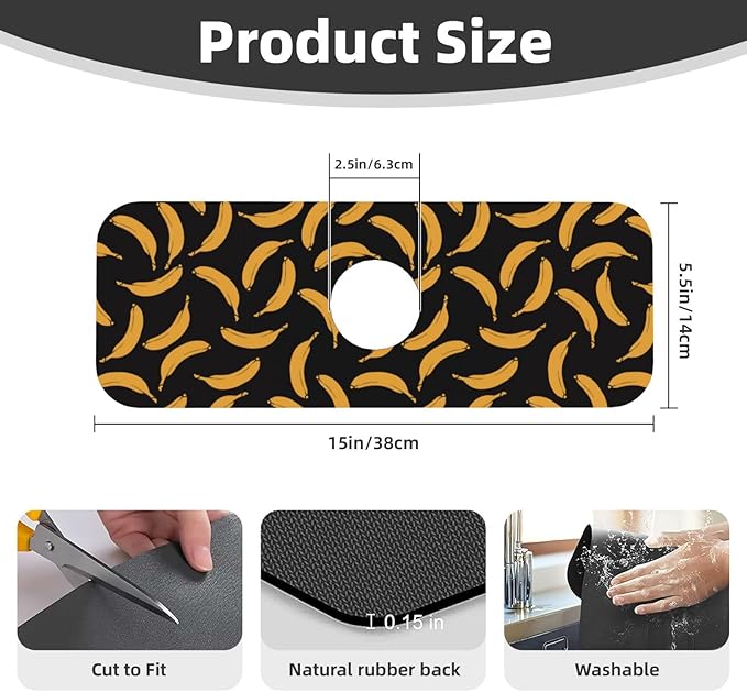 Yellow Banana Black Kitchen Sink Splash Guard Faucet Mat Super Absorbent Fast Drying Mat Sink Gadgets-Fast Drying Pad Sink Mat For Kitchen Bathroom (15" X 5.5" )
