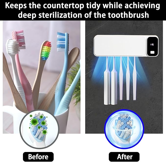 Sanitizeri Toothbrush Cleaner with 5 Slots, Rechargeable Wall Mounted Toothbrush Holders for Bathroom Family, No Drilling Smart Timer Function Auto Cleaning, Birthday Gift Pick