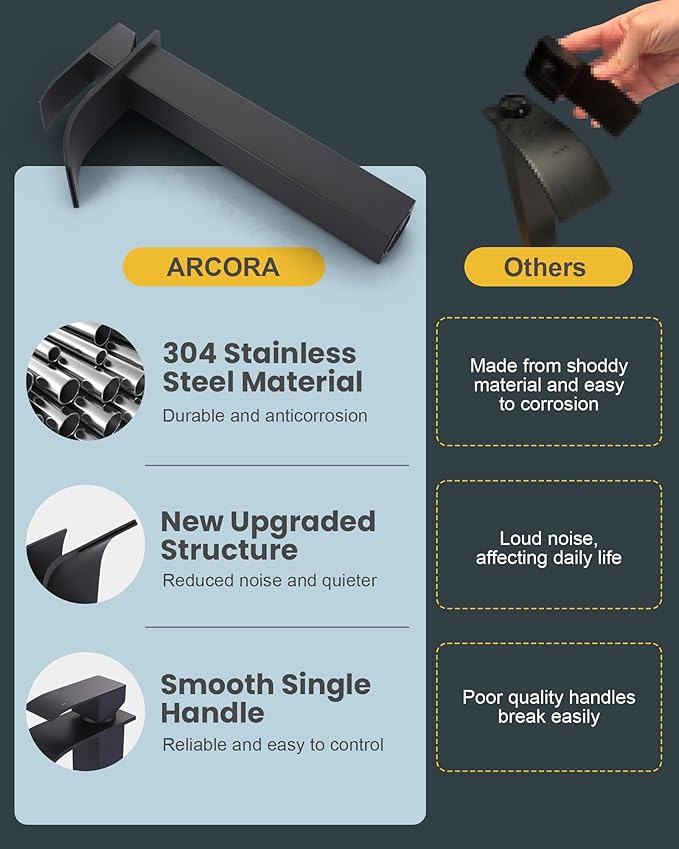 Vessel Sink Faucet Matte Black: ARCORA Single Hole Tall Bathroom Faucet, Single Handle Tall Waterfall Bathroom Faucet with Pop Up Drain and cUPC Supply Lines