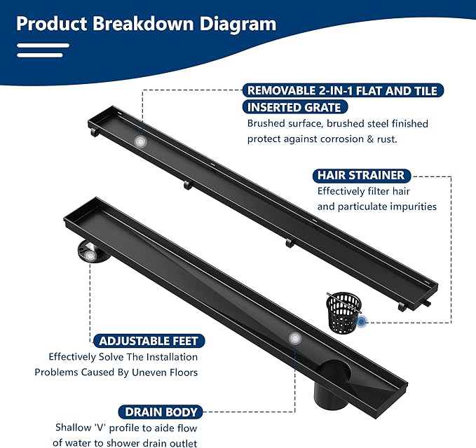 Neodrain 24-Inch Offset Linear Shower Drain with Tile Insert Grate Cover, 304 Stainless Steel Rectangle Side Outlet Shower Floor Drain, Adjustable Leveling Foot, Hair Strainer/Catcher, Matte Black