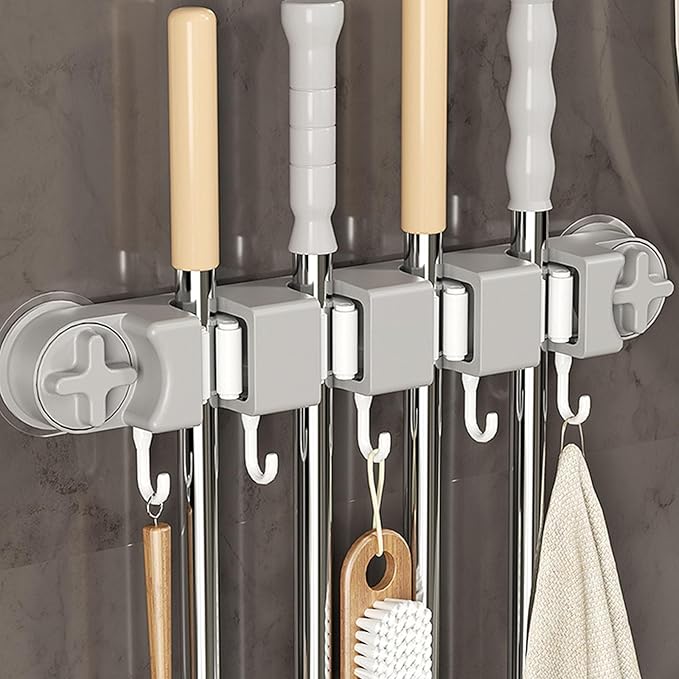 Removable No-Drill Mop Holder & Broom Holder Wall Mount Suction Cup Broom Hanger with 4 Slots & 5 Hooks for Laundry Room Organization Kitchen Garage – Mop and Broom Holder Wall Hanging Tool Organizer