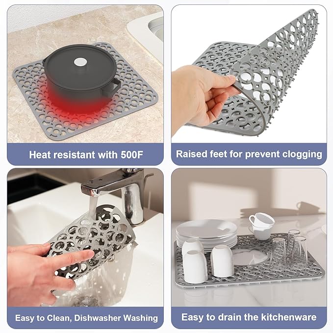 TOOVEM 2PCS Kitchen Sink Mats, Sink Protectors for Kitchen Sink, 11.5 x12.25 Inch Silicone Heat Resistant Non-Slip for Bottom of Kitchen Stainless Steel Sink Mats, Grey
