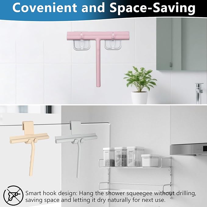 Shower Squeegee for Glass Doors, Full Silicone Jacketed Squeegee with Ergonomic Handle & No-Drill Hook, Cleaning Tool for Windows, Mirrors, Tiles, Bathroom & Car - Grey