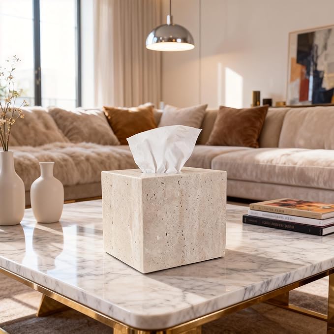 Natural Travertine Marble Tissue Box Cover, Stone Square Pumping Paper, Roll Toilet Paper Holder for Living Room, Bathroom, Kitchen and Home Decor