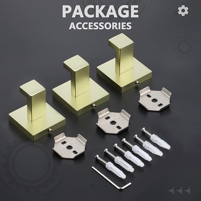 LANC 3-Pack Towel Hooks for Bathroom Wall Hooks, Brushed Gold Coat Hooks Heavy Duty Stainless Steel Hand Towel Hangers, Square Robe Hook for Bathroom Kitchen Garage Hotel, A8805BG-P3