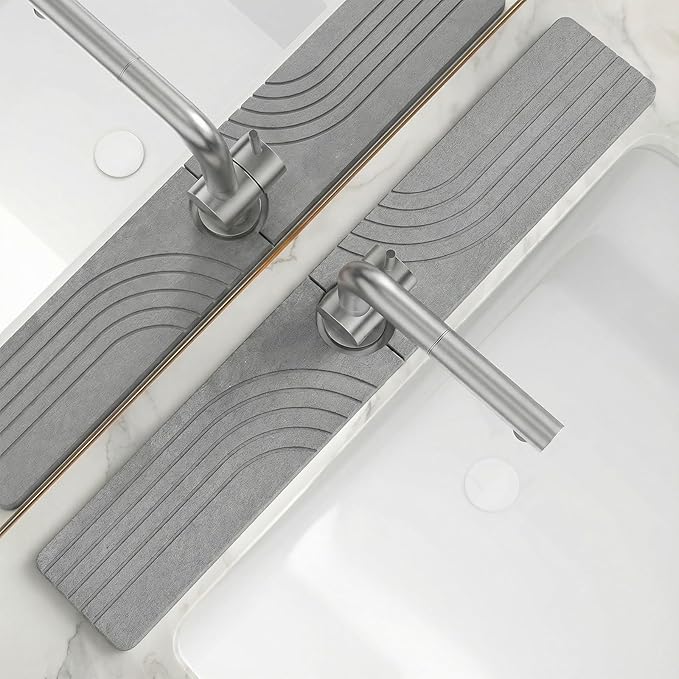 Stone Faucet Mat for Kitchen Sink - Drying Stone with Non-slip Pads, Sink Water Splash Guard for Bathroom Counter, Sink Caddy Holds Soap & Tools, 23.6 × 3.9in, Light Gray, Curved Lines