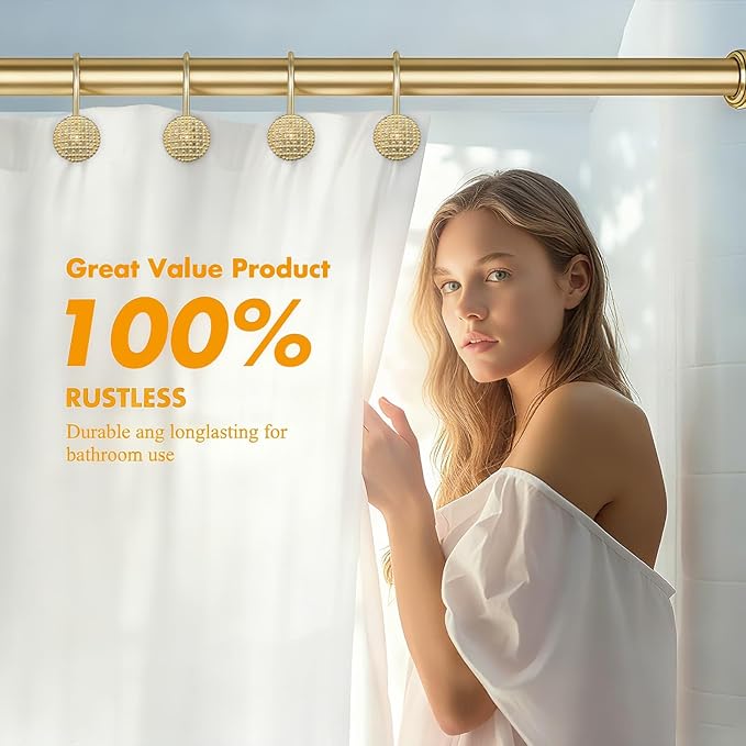 Pearlbee Gold Shower Curtain Hooks, Rustproof Shower Curtain Rings for Bathroom, Metal Shower Hooks for Shower Curtain Rod, Modern Decorative Shower Curtain Hangers Set of 12, Round Heavy Duty Design