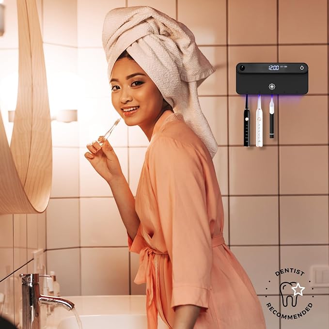 Bloom Wall Toothbrush Holder for Bathrooms, Toothbrush Sanitizer, Strong 3M Adhesive, Time Display, Long-Lasting Charge, 5 Slots for Any Size Toothbrush, Black