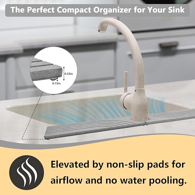 Stone Faucet Mat for Kitchen Sink - Drying Stone with Non-slip Pads, Sink Water Splash Guard for Bathroom Counter, Sink Caddy Holds Soap & Tools, 23.6 × 3.9in, Light Gray, Curved Lines