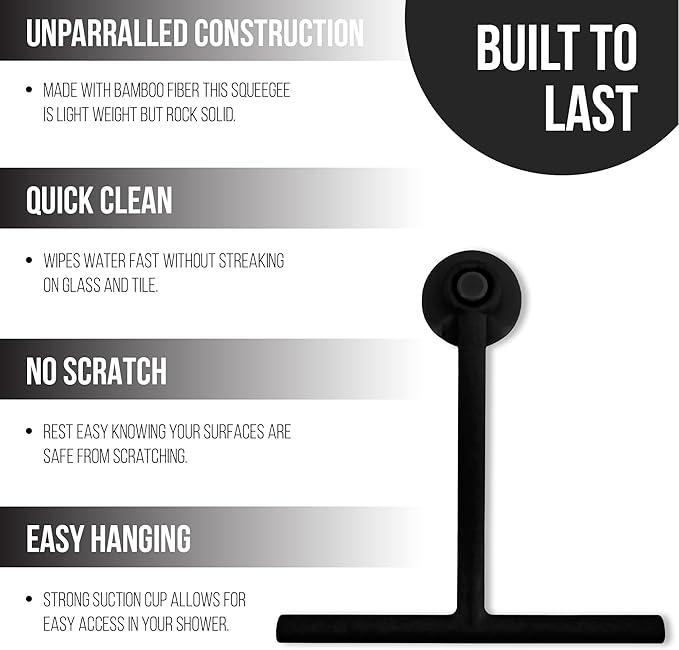 Splash Home Shower Squeegee for Glass Doors - Black Bathroom Squeegee with Suction Hook, Glass Shower Door Squeegee for Streak-Free Cleaning, Shower Wiper for Glass Doors and Tiles, 8.5" Wide Blade