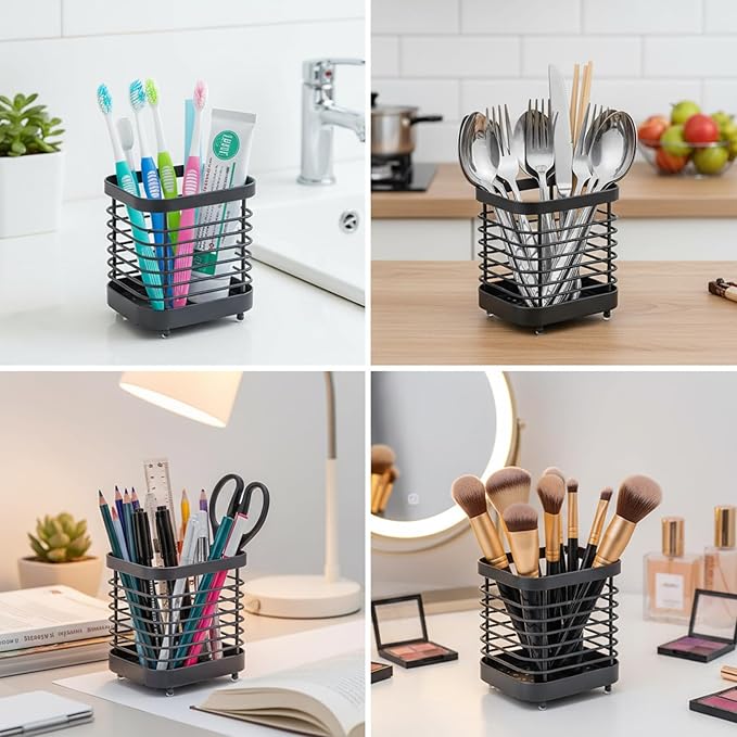 Toothbrush Holder for Bathrooms,Modern Stainless Steel Toothbrush and Toothpaste Stand with Grid Design,Family Size Tooth Brushing Organizer, Black