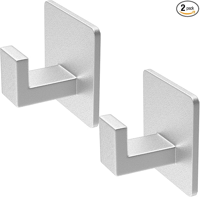 PMMASTO Adhesive Hooks Towel Hooks - 2 Pack Aluminum Wall Hooks Towel Hanger Shower Hook for Bathroom, Bedroom and Kitchen-Silver