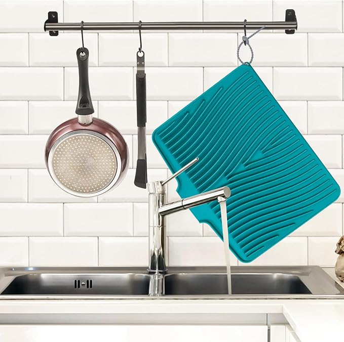 Silicone Dish Drying Mat, Stone Drying Mat for Kitchen Counter with Built-In Drain, Non-Slip Drain Pad with Built-in Drain, Heat Resistant Stone Drying Mat, 1Pcs 20" x 15", Green