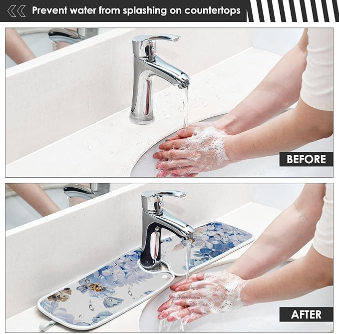 Sink Faucet Absorbing Mat Kitchen Sink Splash Guard Splash Faucet Drip Catcher for Bar RV Bathroom 2PCS 30x5.5in Watercolor Hydrangea Butterfly