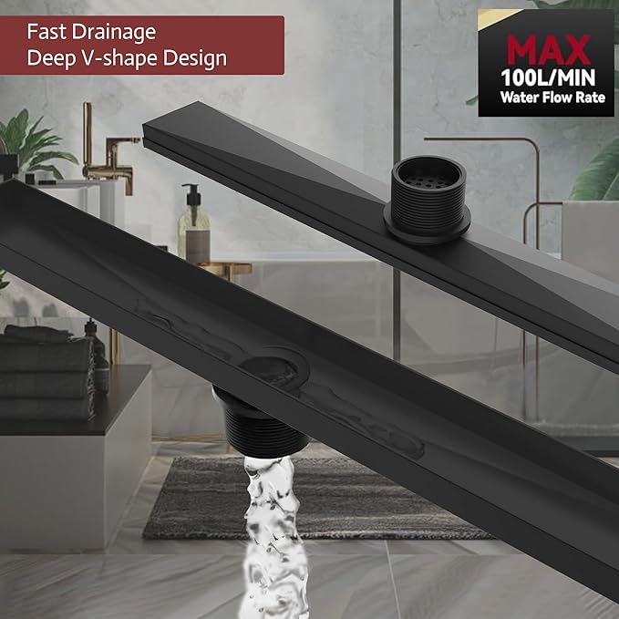 12 Inch Linear Shower Drain, Matte Black Shower Drain,Removable Grate, 304 Stainless Steel, Easy to Install and Clean for Bathrooms (Drain Base Not Included),LSD-01A-12B