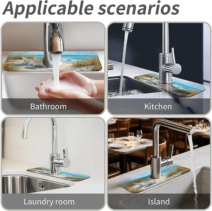 Kitchen Sink Splash Guard，Beach-scene Faucet Mat Sink Gadgets-Super Absorbent Fast Drying Mat Drip Catcher for Kitchen, Bathroom,Sink Mat, Dish Drying Mat, Bathroom(15" X 5.5" )