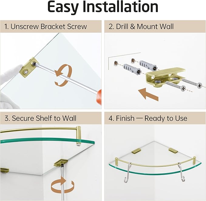 KES Glass Corner Shelf with Hooks 18/8 Stainless Steel, Tempered Glass Bathroom Corner Shelf with Rail, Shower Glass Shelf 2 Pack Wall Mounted, Brushed Gold, BGS2101A-BZ-P2