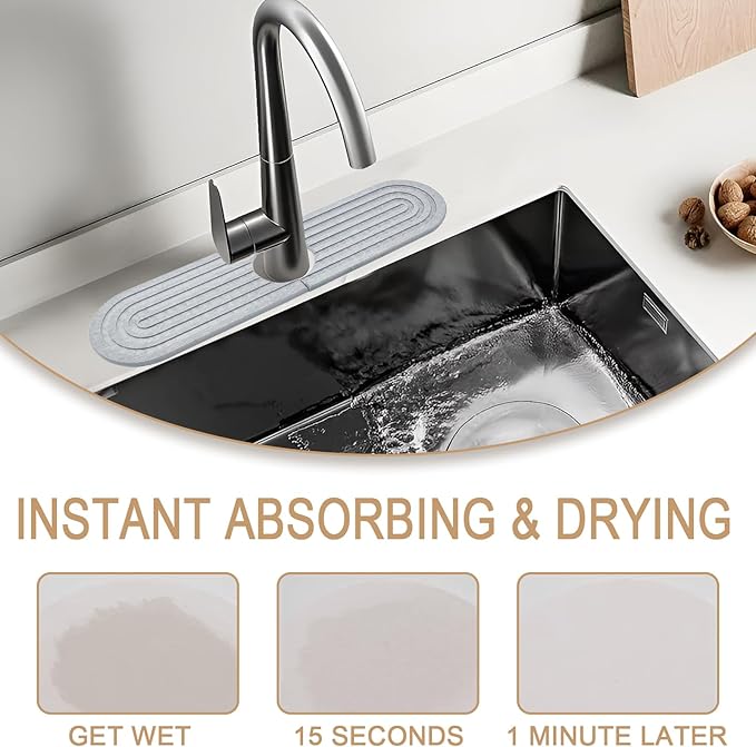 Stone Fucet Mat for Kitchen Sink, Fast Drying Stone Sink Tray Kitchen Faucet Splash Guard Sink Faucet Absorbent Mat for Bathroom Fucet Sinks17.7" x 3.9",Light Grey