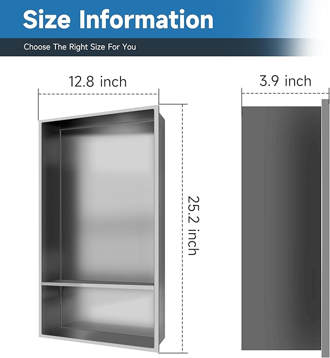 Shower Niche Insert Tile Ready, Bath Niche 13 × 25 Double Shelves, Recessed Niche Shower for Bathroom Storage, Brushed Nickel