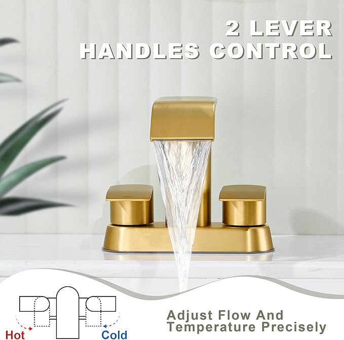 Ultimate Unicorn Bathroom Faucet for Sink Brushed Gold, 4 Inch Bathroom Sink Faucet for 3 or 2 Holes, 2 Handle Waterfall Faucets with Pop up Drain, Centerset Faucets for RV Counter