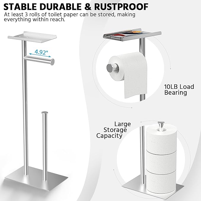 CISILY Silver Stainless Steel Toilet Paper Holder Stand with Phone Shelf, Bathroom Toliet Decor Decoration. Tissue Paper Roll Holder Free Standing Storage, Rv Accessories