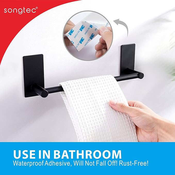 Songtec Stick Towel Bar Black 12-Inch, Adhesive Bath Towel Rack No Drill, Strong Adhesion Tape Mount Towel Holder, Stainless Steel - Black